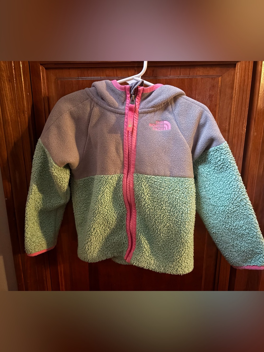 The North Face Hooded Sherpa Fleece Jacket - Gray, Mint & Pink Trim
